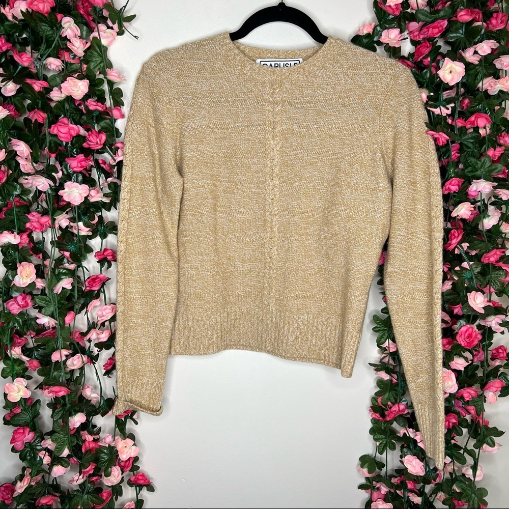 🌹Carlisle Tan Beige Cable Knit Cashmere Wool Crewneck Sweater Womens Small